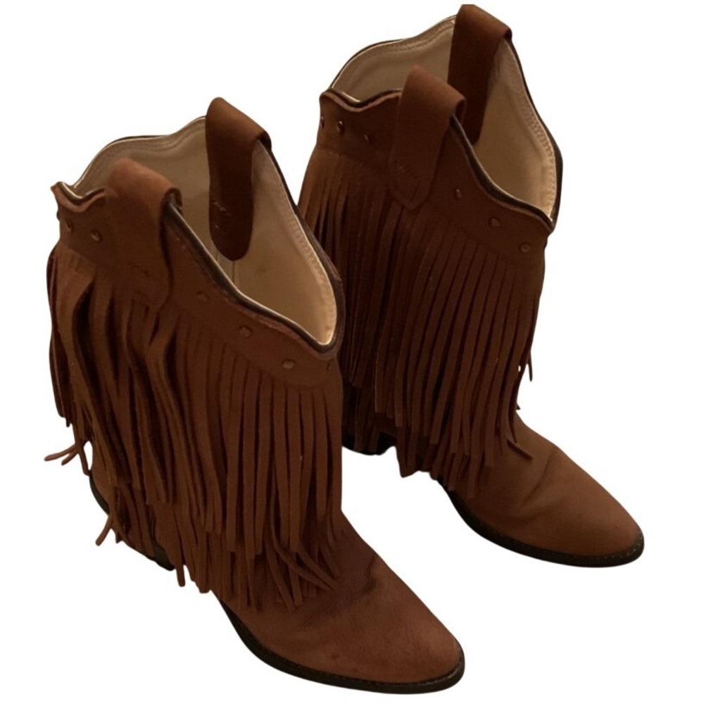 Old West Brown Faux Leather Fringe‎ Western Cowgirl Boots Womens 4.5